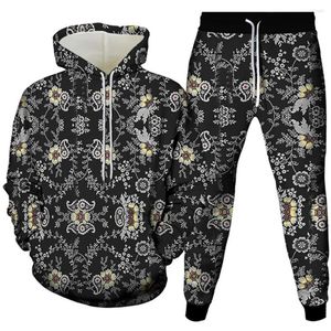 Tute da uomo Vintage Paisley Grapic Flower Florial Stampato Uomo Abbigliamento Harajuku Tuta Pantaloni sportivi Felpe con cappuccio 2 pezzi Homme Costume