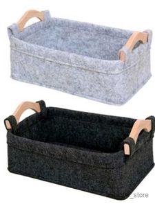 Storage Baskets Modern Felt Storage Basket Container Desktop Sundries Organizer Home DecorBlack Gray Felt Wood Handle Receiving Basket Kids To R230726