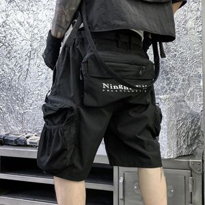 Män svarta band Hip Hop Cargo Shorts tredimensionella fickor Harajuku Punk Short Pants Bermuda Homme