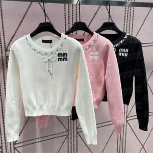 Ladies Fashion Socialite Style Jacquard Knit tröja Jumper Luxury Rhinestone Hoodie Designer Knit tröja topp