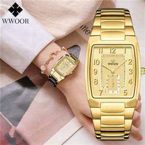Kvinnors klockor Wwoor Gold Women Watches Creative Steel Women's Armband Wrist Watches Ladies Square Waterproof Female Relogio Feminino 230725