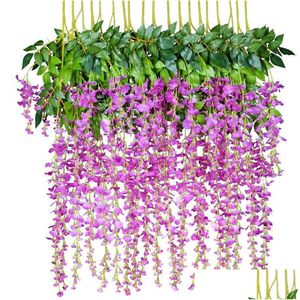 Dekoracyjne kwiaty wieńce 12pcs Wisteria sztuczny kwiat 75 cm 110 cm Uznanie winorośli wiszące na świąteczne imprezę domową 6 kolorów 3 typ Ot5hy