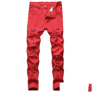 Męskie dżinsy Mężczyźni rozryli biały czerwony czarny rozciąganie Slim Fit Spring Autumn Denim Pants Det Hip Hop Streetwear Biker x0621 Drop dostawa ap dhwnt