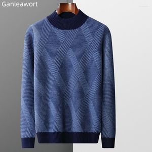 Męskie swetry pullover czysty wełniany sweter luźnie zagęszczony długi rękaw Jacquard pół szyi jesień i zimowy kolor stały