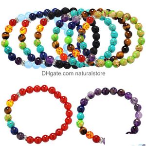 Beaded Strand Gemstone Round Beads Natural Stone Stretch Yoga Reiki Bracelets Amethyst Turquoise Bracelet 7 Chakra Fashion Jewelry Dro Dh9Mh