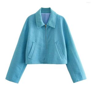 Women's Jackets Blue Jacket Women Chic Lady Elegant Long Sleeves Textured Bomber High Street Coat Top Female 2023 Spring