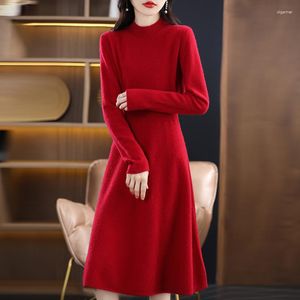 Casual Dresses Autumn And Winter Pure Wool Slim Half High Neck Dress Women's Medium Long Knitted Cashmere Skirt