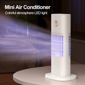 Luftkonditioneringsapparater Portable Mini Air Conditioner med färgljus 3-växlad skrivbord Atomizer Fan USB-laddning Kylsprayfuktare Fan 230726