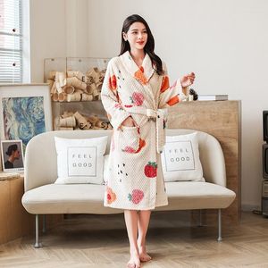 Women's Sleepwear Winter Dress Fruit Printing Long Robe Thick Flannel Sleeve Kimono Sweet Cute Home Wear Pajamas Loungewear