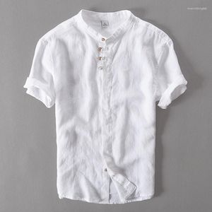 Mense Casual Shirts Linen Shirt Men Summer Short Sleve Stand Collar Flax för vit Camisa Masculine Chemise Homme