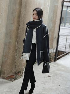 Jaquetas femininas designer franjas cachecol colarinho malha gancho borda solta lã casaco de malha outono e inverno