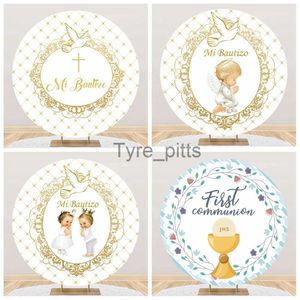 Background Material Cartoon Baby Hold My First Communion Round Photography Background Baby Shower Cross Photography Background X0725