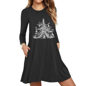 Women's best-selling Christmas tree print long sleeved slim fitting pocket dress