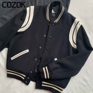 Casacos masculinos clássicos jaqueta de beisebol masculino feminino couro genuíno lã preto branco retalhos moda roupas de alta qualidade unissex 230726