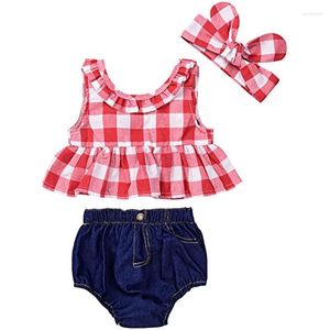 Clothing Sets Baby Girls Plaid Ruffle Bowknot Tank Top Denim Shorts Outfit With Headband