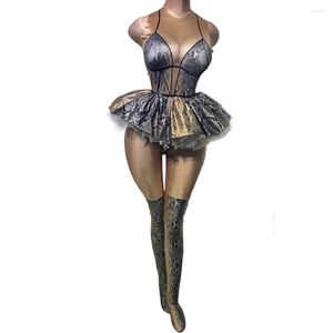 Stage Wear Women Outift Jumpsuit Nightclub Party Dress Sexy Serpentine Bodysuit White Mesh Dance Costumes With Sock