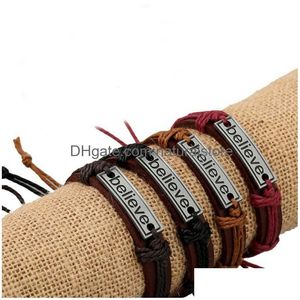 Charm Bracelets Believe Id Tag String Adjustable Leather Bracelet Wristband Bangle Cuff For Women Men Fashion Jewelry Will And Sandy D Dhcrt