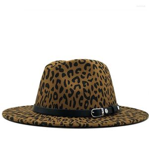 Basker kvinnor filt bälte fedora hatt med brett grim leopard tryck jazz elegant lady höst sombrero gudfader kvinna