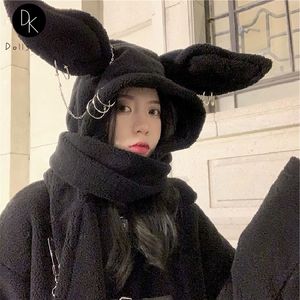 Beanie/Skull Caps Y2K Punk Women Harajuku Rabbit Bunny Ear Scarf Furry Hat Gothic Female Plush Plush Streetwear Gift 230725