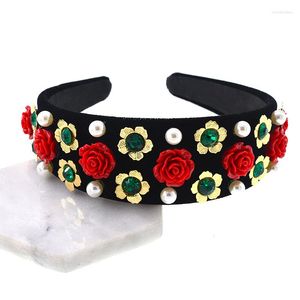 Haarspangen Hochzeit Accessoires Luxus Barock Perle Stirnband Krone Schwarz Samt Rose Blume Breites Haarband Frauen Brautschmuck