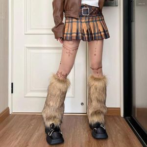 Women Socks Vintage Imitation Fur Girl Y2k Brown Hairy Winter Warm Furry Boots Punk Jk Knee-length Hiphop