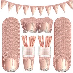 Andra evenemangsfestleveranser 86 st Pink Rose Gold Birthday Party Table Set Kids Adult Birthday Party Table Decoration Pappersplattor Cups Wedding Supplies 230725