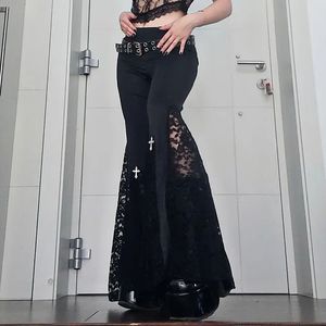 Женские брюки Capris Goth Mall Flare Pants Sexy Black Lace Patchwork High Taist Vintage Harajuku Hippie Punk Grunge Streetwear Y2K штаны 230725