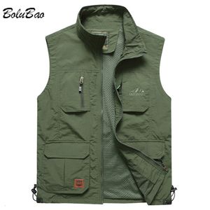 Coletes Masculinos BOLUBAO Colete Malha Multi Bolso Secagem Rápida Pesca Jaqueta Sem Mangas Repórter Solto Ao Ar Livre Casual Colete Fino Colete Masculino 230725