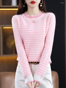 Kvinnors tröjor merino ulltröja kläder o-hals randig pullover höst /vinter färgblockering koreansk mode casual