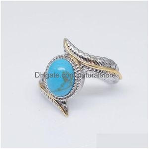 Anello solitario Retro Feather Turquoise Blue Diamond Anelli Band Fashion Jewelry Per le donne Regalo di Natale 080351 Drop Delivery Dhp8E