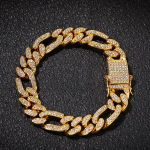 Примоладный браслет Figaro 13 мм Bling Miami Cuban Link Full Ice Stinestones Hiphop Mens Bracelet Hip Hop Jewelry207V