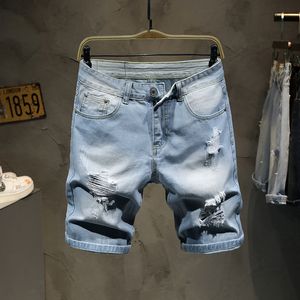 Sommarmän rippade hål denimshorts Bermuda mode gata hiphop frayed kanter korta jeans manlig knä längd fempunkt byxor