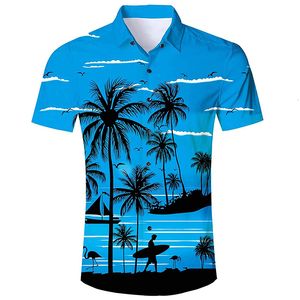 남성 캐주얼 셔츠 하와이 EU 크기 5XL 코코넛 트리 3D 프린트 여름 느슨한 짧은 슬리브 셔츠 버튼 다운 비치 휴가 230726