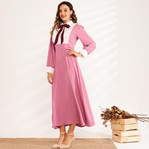 Casual Dresses Products damer Fashion Bow Western Style Sweet Color Matching Lapel Long A-Line Woman Pink Dress