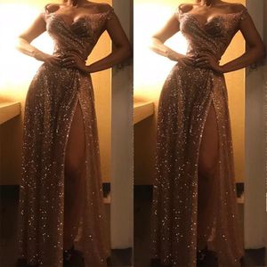 Altın Sergi Uzun Resmi Akşam Elbise Seksi Omuz Uyum Bölünmüş Kadınlar Özel Günlük Parti Eldenizleri Zemin Uzunluğu Kılıf Olayları Giyim Cl2649