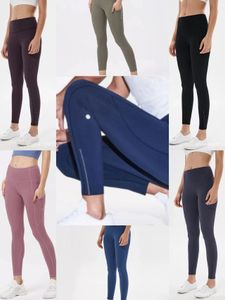 Lu yoga leggings bolsos laterais cintura alta calças de yoga femininas de cor sólida esportes ginásio wear leggings elástico fitness feminino em geral meia-calça completa treino