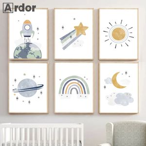 Planet Rocket Earth Nordic Nursery Art Poster Sole Arcobaleno Stelle Luna Cartone animato Arte Tela Pittura Stampa Immagini murali Bambini Ragazzi Room Decor w06