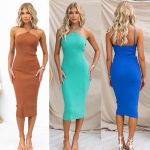 Casual Dresses Summer Women's Strap Hanging Neck Open Back Long Dress Sexy Solid Color Tight Fit