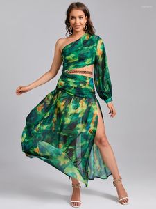 Casual Dresses Women Chains Floral Print Long Dress Summer Green One Shoulder Cut Out Sleeve High Split Vacation Beach Party