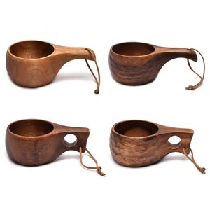 Muggar Y1QB Finland Kuksa Portable Coffee Mug Acaciawood Handle Cowhide Rope Hook Juice Milk Cup Drinkware 230726