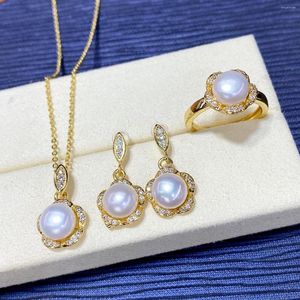 Pendant Necklaces Wholesale Natural 3Pcs 9mm White Pearl Ring Set & Stud Earring Womens' Jewelry Necklace