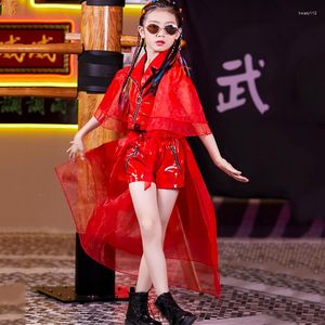 Scene Wear Kids Jazz Dance Costume Girls Silver Performance Clothes Puff Sleeves Street Hip Hop Dancing Outfit Rave Party BL2995