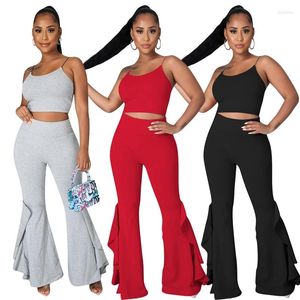 Kvinnors tvåbitar byxor sexiga set kvinnor springer sling ärmlös tank top rufsed flared sets lounge club outfits streetwear grossist