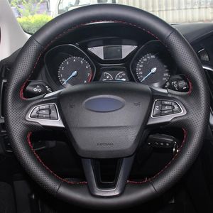 Svart syntetiskt läderbil rattskydd för Ford Focus 3 2015-2018 Kuga 2016-2018 Escape 2016-2018275R