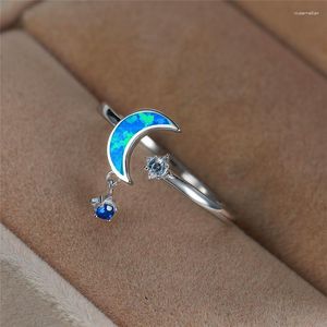 Anelli a grappolo Carino femmina piccola luna stella anello vero argento sterling 925 blu opale di fuoco promessa matrimonio fidanzamento per le donne