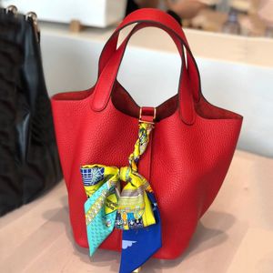 2023 New Arrival: Classic Market Basket Bag, Genuine Leather Bucket Bag, Lychee Grain Top Layer Cowhide, Simple and Versatile Handbag for Women - Color-Block beige red