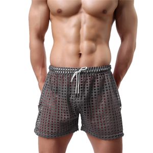 Sexy Mens Causal Shorts Big Mesh Breathable Gym Shorts Fishnet Boxers Transparent Loose Sleep Bottoms Men Hollow Out Swim Trunks