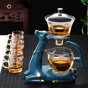 Tea Cups BOZZH Full Automatic Creative Deer Teapot Kungfu Glass Set Magnetic Water Diversion Infuser Turkish Drip Pot With Base 230726