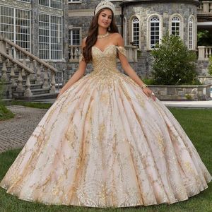 Champagne Sparkly Crystal Appliques Quinceanera Dresses Ball Gown Sleeveless Beading Ruffles Corset For Sweet 15 Girls