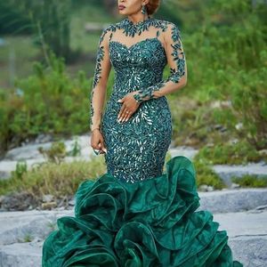 2021 Plus Size Arabic Aso Ebi Dark Green Mermaid Prom Dresses Spets Sheer Neck Vintage Evening Formal Party Second Reception Gowns 217f